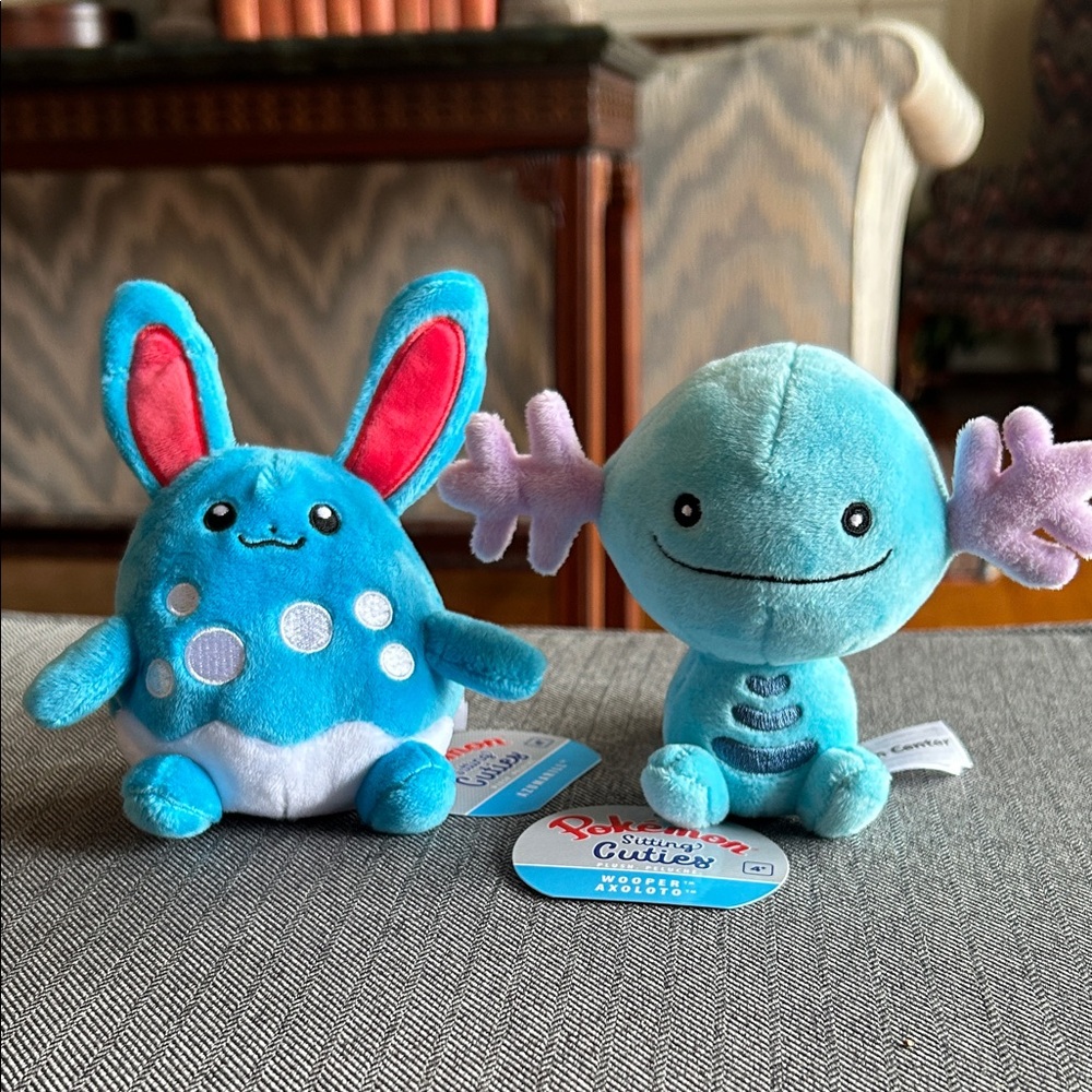 Pokémon Sitting Cuties plush, two Plushies, Wooper Axoloto and Amarillo, 2019